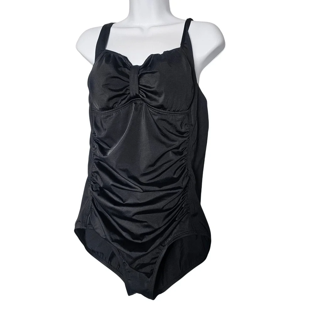Speedo Retro Ruched Bow One Piece Swimsuit Women‎ 18 Black Classic Swim